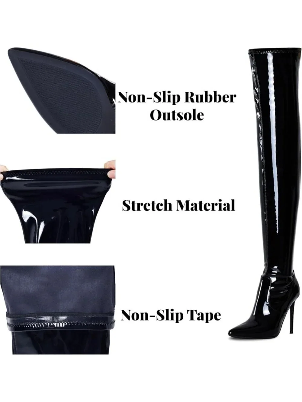 Women Black Patent 1 Pointed Toe Suede Stiletto Heel Stretch Over The Knee Boots
